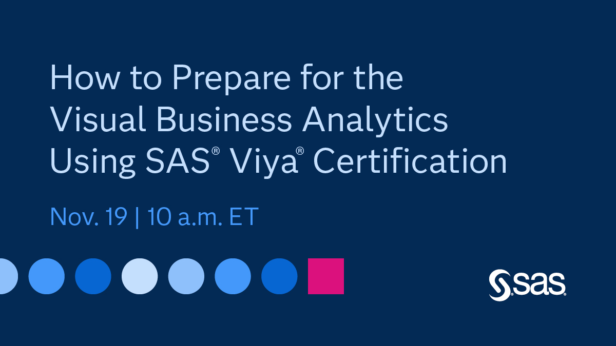 SASanalytics's tweet image. The How to Prepare for the Visual Business Analytics Using SAS Viya Certification webinar is almost here
📅 Nov. 19 | 10 a.m. ET 2.sas.com/6017ACwQS

• Hear directly from SAS experts
• Get answers to challenging exam topics
• Access key training tools to help you succeed