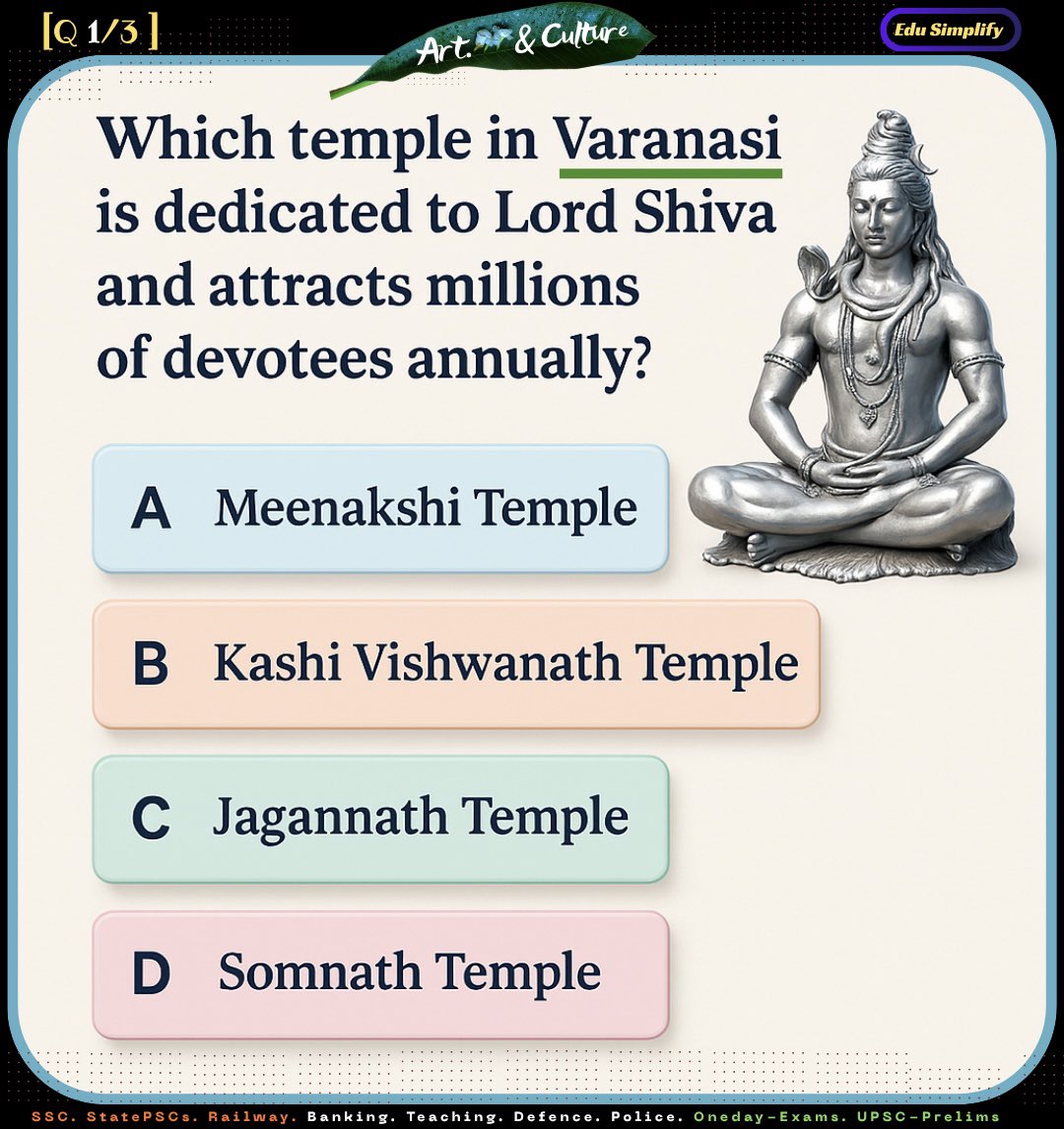 edusimplify's tweet image. Varanasi:
~A 2000-year-old city.
~UNESCO recognised in 2012.
~Buddhist learning center under Ashoka.
~Known in ancient texts as Kashi, symbol of knowledge. (Aspirants, show some support 💪)
#UPSC #UPSCPrelims2026 #UPSCPreparation #UPSCPYQ #SSC #WBCS #CurrentAffairs #EduSimplify