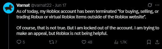 PLEASE LIKE &amp; REPOST!⤵️ <a href="/Roblox/">Roblox</a> <a href="/robloxdevrel/">Roblox Developer Relations</a> <a href="/AliMiller/">Aliana (Ali) Miller</a> <a href="/KreekCraft/">KreekCraft</a> 
10+ Developers Terminated for the same reason, no chance to appeal and no one bringing awareness to the situation besides me.

1 Viral post can help 10+ Developers and maybe more unknown cases.