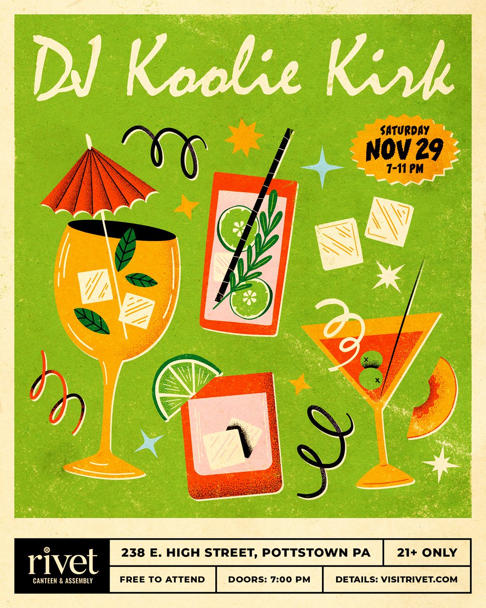 FREE EVENT ON NOVEMBER 29: Grab your friends, enjoy signature drinks at the bar, dance, and hang out at Rivet as DJ Koolie Kirk spins party music from 7:00 PM to 11:00 PM! Must be 21 or older to attend.

🍹 Reserve your spot: eventbrite.com/e/dj-koolie-ki…