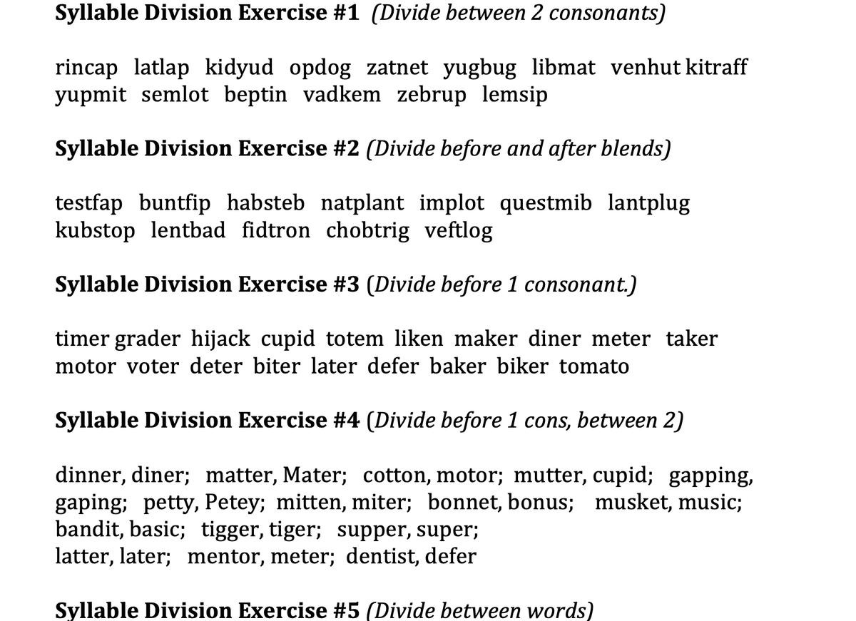 PhonicsMom's tweet image. I have syllable division exercises with both nonsense and real words, I only use the 100% real word version with very young students, most of my older students need nonsense words to undo guessing habits.

thephonicspage.org/download/sylla…