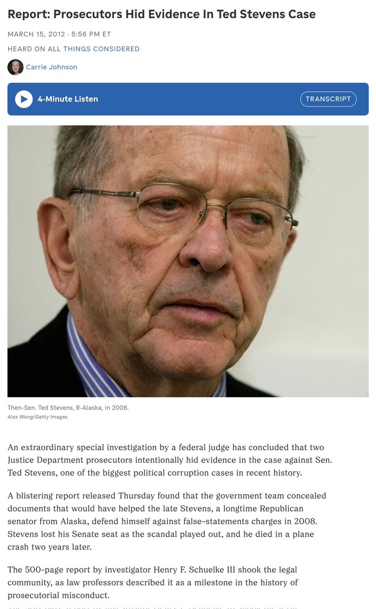 "The extent of the corruption is shocking," Sullivan says. "It's the worst misconduct we've seen in a generation by prosecutors at the Department of Justice." - Brendan Sullivan 

How often do you think the government hides evidence?

npr.org/2012/03/15/148…