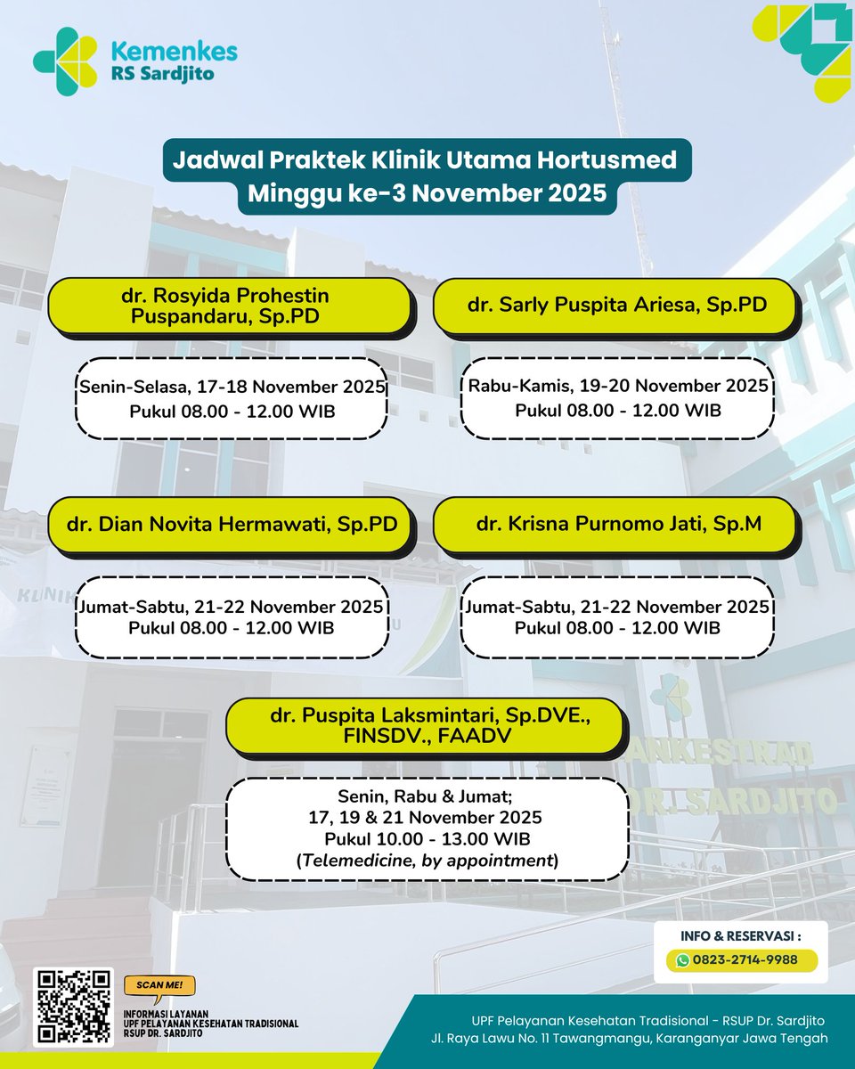 Halo Sobat Sehat Sardjito

Kami informasikan Jadwal Praktik Dokter Minggu ke-3 November 2025 Klinik Utama Hortusmed Tawangmangu  

Salam Sehat dari Tawangmangu

#klinikutama #spesialispenyakitdalam #spesialismata #spesialisdermatologivenereologiestetika #hortusmed #upfyankestrad