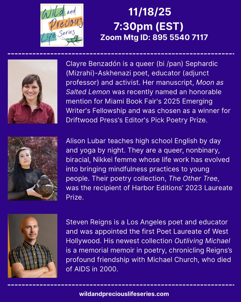 Join us on 11/18 to hear featured readers <a href="/ClayreBenz/">Clayre Benzadón 🌕🧂🍋</a>, <a href="/theoriginalison/">Alison</a> , &amp; Steven Reigns.

Yes, we are switching to Tuesday this month!! 

<a href="/driftwoodpress/">Driftwood Press</a> <a href="/harbor_review/">Small Harbor Publishing</a> <a href="/MoonTidePress/">Moon Tide Press</a>

#poets #poetry #writers