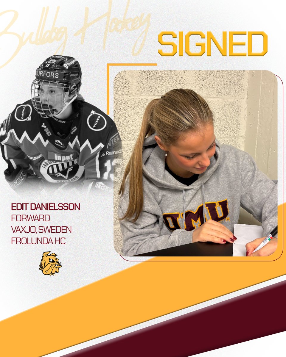 Edit Danielsson is officially a Bulldog!!

Edit is a two-time member of Sweden's U-18 Women's World Championship Team, and won a  SDHL championship in 2024-25 playing for Frolunda FC.

Welcome to UMD, Edit!