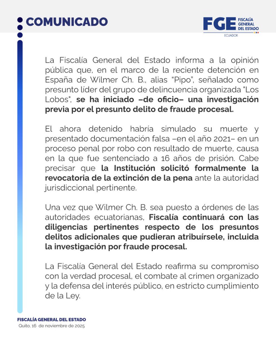 #COMUNICADO | Respecto al anuncio de la detención de alias "Pipo" en #España, #FiscalíaEc informa a la opinión pública. ⬇️