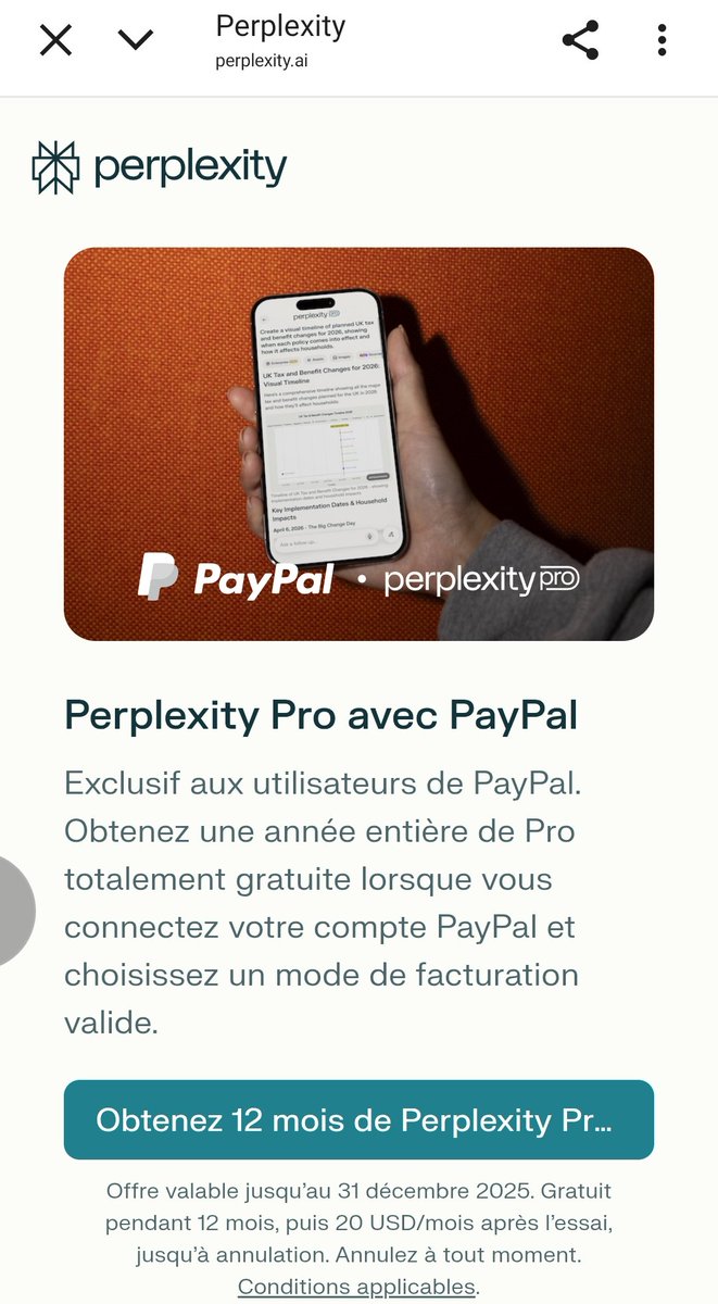 zushiwa's tweet image. Obtenez Perplexity AI Pro gratuitement pendant 12 mois  à travers votre compte Paypal coût $240 par an, pendant 12 mois vous n&apos;allez rien payé avant la fin des 12 mois vous pouvez toutefois résilier l&apos;abonnement premium...@edithbrou perplexity.ai/join/p/paypal-…  #PerplexityAi