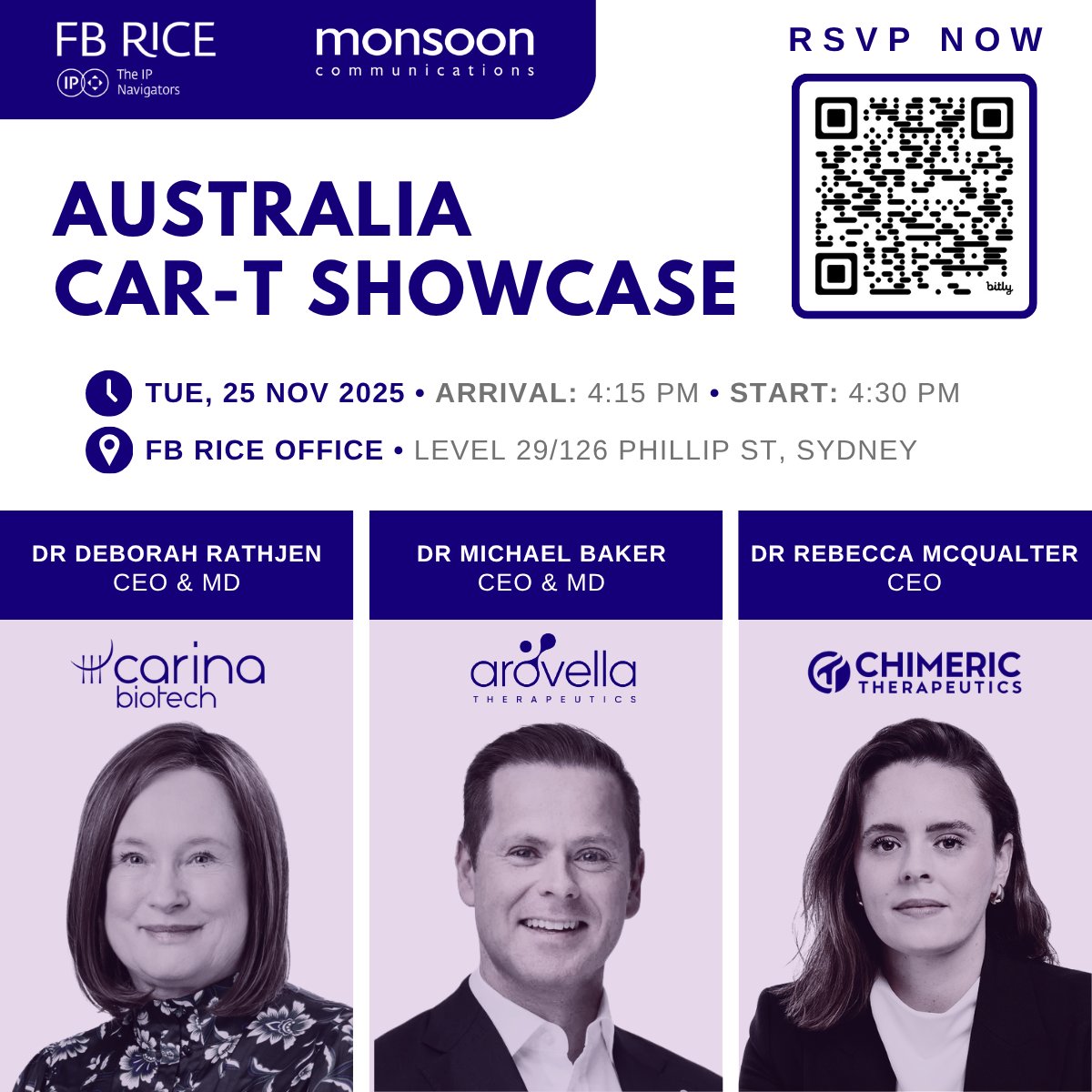 MonsoonComms's tweet photo. Supported by @FB_Rice, #AUCARTShowcase brings @CarinaBiotech, @WeAreArovella (ASX: ALA) &amp; @Chimeric (ASX: CHM) unveiling breakthrough CAR-T programs. 

Chaired by Chris Kallos, CFA, senior life sciences analyst with 20+ yrs experience.  

🔗 Register: https://t.co/OnhumAkwUc https://t.co/8OjYLhmn70