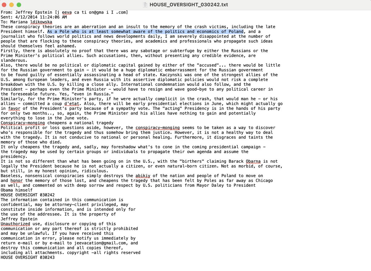WTF!? Somehow Jeffrey Epstein identified as "a Pole." 

But here's even more interesting part. In 2014, Epstein commented on the mysterious Smolensk plane crash that happened in 2010, in which Polish President Lech Kaczyński and the rest of the Polish political &amp; military elite