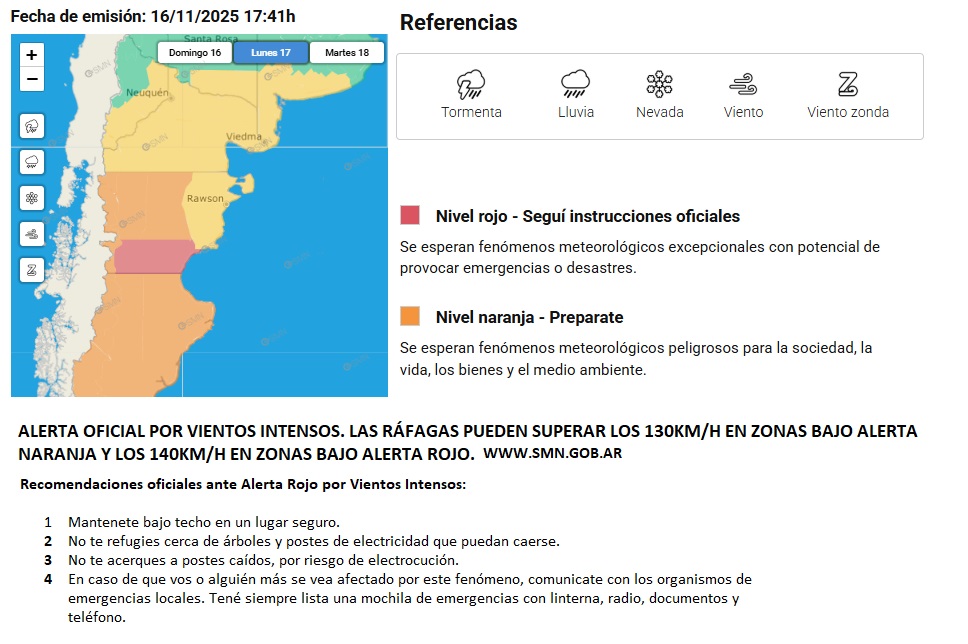 Atención!. 
Durante este lunes se prevé #viento muy intenso sobre Chubut y Santa Cruz. Las ráfagas pueden superar los 140km/h especialmente sobre el sur chubutense. La región se encuentra bajo diferentes niveles de alerta oficial. Se recomienda mantenerse informados.