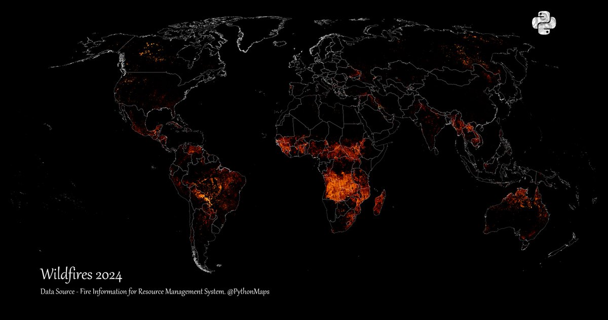 PythonMaps's tweet image. Day 15 of the #30DayMapChallenge  - Fire. Wildfire map. Data aggregated for all of 2024.