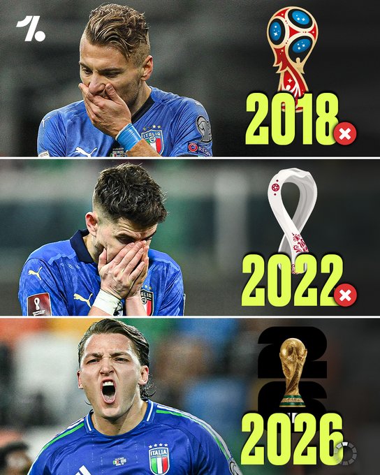Three-panel collage features Italian football players in blue jerseys expressing disappointment by covering faces with hands in first two panels labeled 2018 and 2022 with red X marks and FIFA World Cup logo above second panel with pink ribbon-like design next to 2022 third panel shows player shouting excitedly labeled 2026 with World Cup trophy icon below