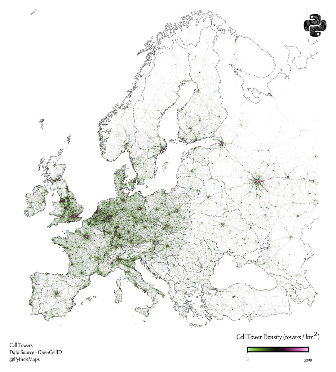 PythonMaps's tweet image. Day 16 of the #30DayMapChallenge - Cell - Here is a map of Cell tower density in Europe. Clearly this is just a population density map but gotta follow the theme.