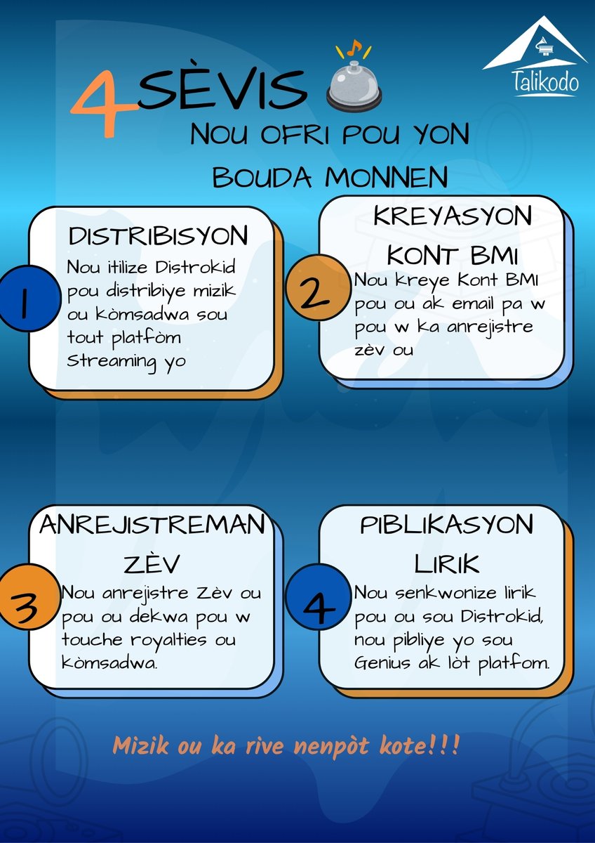 Menm lè ou s on jèn atis epi ou poko ap fè lajan,li enpòtan pou w distribiye epi anrejistre zèv ou kòmsadwa paske ou pa konn ki kote mizik ou ka rive. Nan Talikodo, nou ofri tout sèvis sa yo! 
Ranpli fòm demann sèvis sa si ou bezwen youn nan sèvis nou yo: 
docs.google.com/forms/d/e/1FAI…