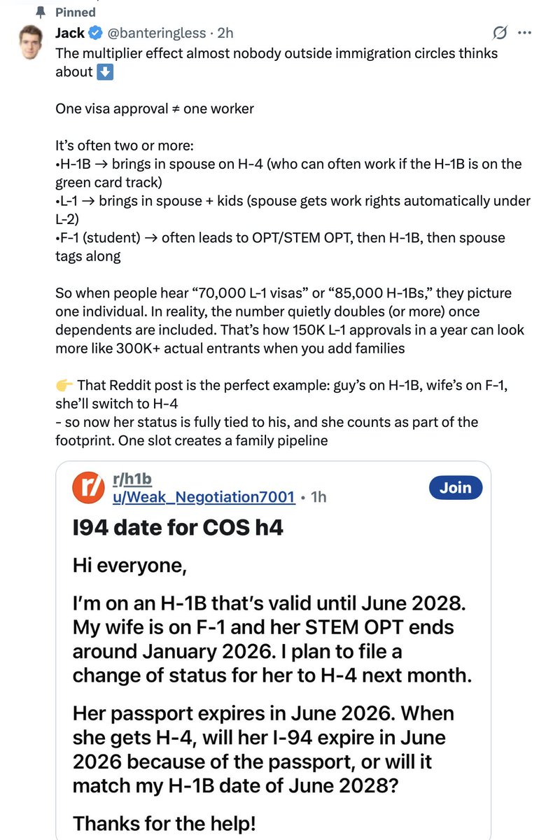 Bantering_Less's tweet image. 🧵 The U.S. only counts “workers” if they are on an official employment visa

Examples that count:

H-1B  L-1  E-2  TN  O-1  H-2A/H-2B

These show up in labor data, workforce reports, visa caps, etc.