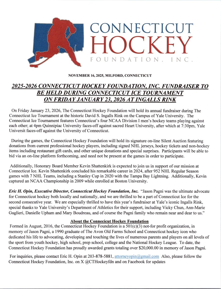 Save the date - Friday January 23, 2026 at Connecticut Ice at Yale - honored to hold our annual fundraiser to continue Jason Pagni's legacy.  #pags #everybodyrides <a href="/YaleMHockey/">Yale Men's Hockey</a> <a href="/UConnMHOC/">UConn Men's Hockey</a> <a href="/QU_MIH/">Quinnipiac Men's Ice Hockey</a> <a href="/AmmoCJ/">CJ Marottolo</a> <a href="/sacredheartmih/">Sacred Heart University Men's Ice Hockey</a> <a href="/shattdeuces/">Kevin Shattenkirk</a> <a href="/ecachockey/">ECAC Hockey</a> <a href="/Vchun/">Vicky Chun</a> <a href="/AOF_Hockey/">AOF HOCKEY</a>