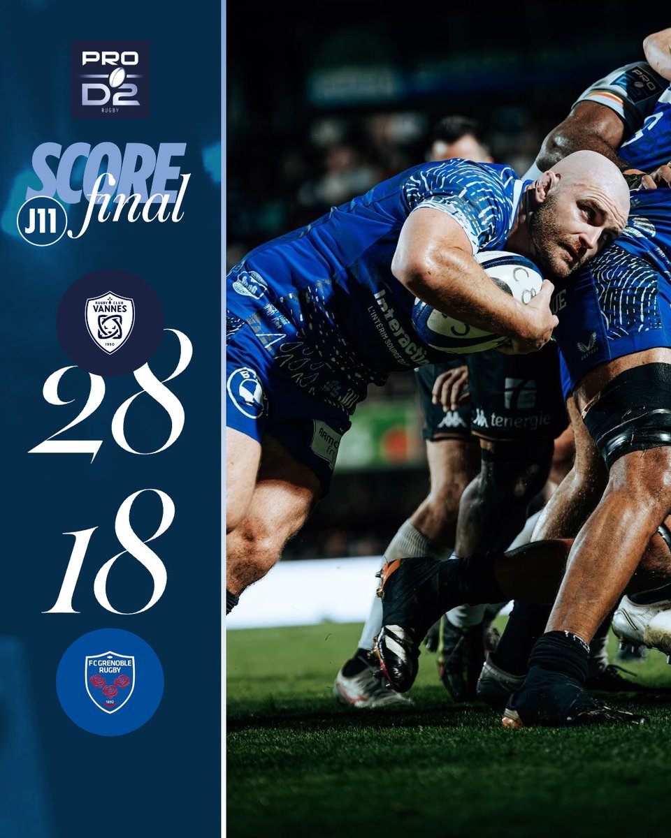 Le <a href="/RugbyClubVannes/">Rugby Club Vannes</a> termine parfaitement cette soirée ✨
Les Bretons s'imposent face à Grenoble et conservent la tête du championnat 🔝 #RCVFCG #PROD2
