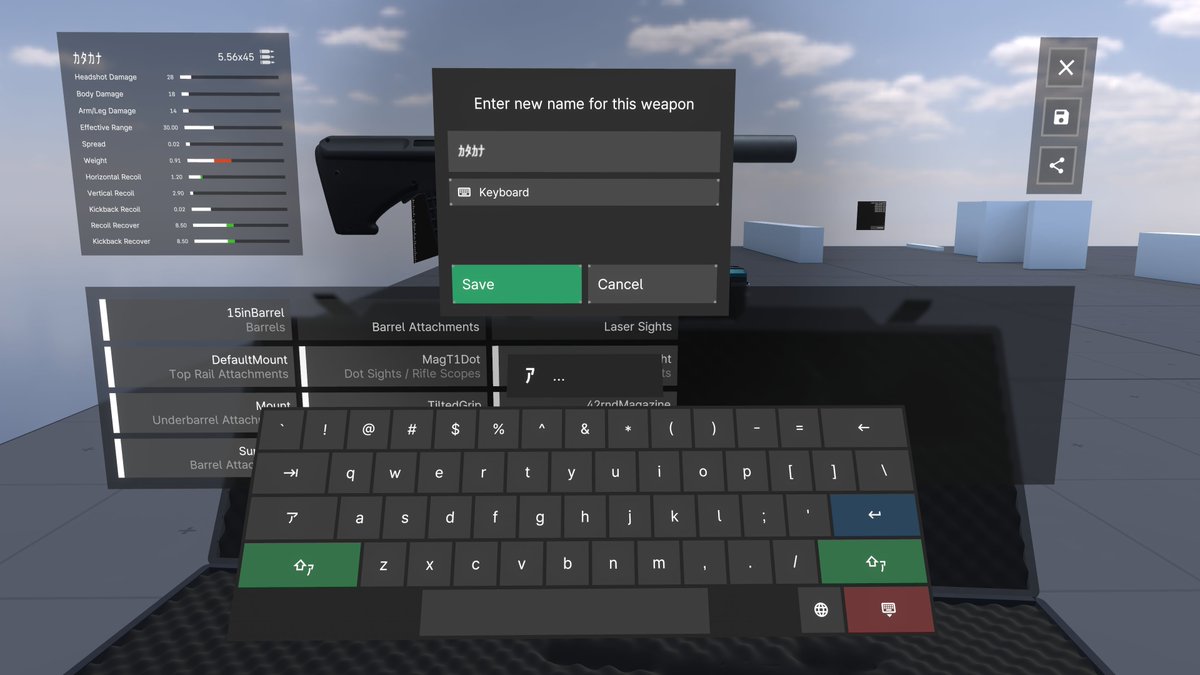 blackpoint_vrc's tweet image. implement custom-made keyboard for typing gun name

supports korean/japanese romaji

for japanese romaji, hiragana/katakana/half-width katakana is supported (no kanji)

special characters like 뷁 or xtu/ltu(small っ) also supported