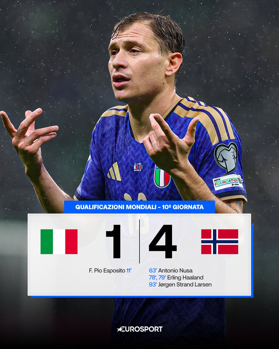 Eurosport_IT's tweet photo. ORA TESTA AI PLAYOFF ⚔️⚽️

Nonostante il vantaggio di Pio Esposito l’Italia non riesce a battere la Norvegia a San Siro, Haaland è letale. Ora gli azzurri attendono giovedì per conoscere l’avversario per la semifinale dei playoff Mondiali 🏆

#Italia #Norvegia #Mondiali #Haaland https://t.co/PIVGLk7qr7