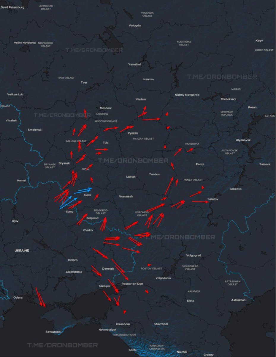 Ukraine are unleashing a heavy barage of Ukrainian long range UAV's on Russian positions. 

They deserve every single one of these. 

Red Arrows Long Range UAV's, Blue Arrows Cruise Missiles. 

🇺🇦 ! SLAVA UKRAINE ! 🇺🇦