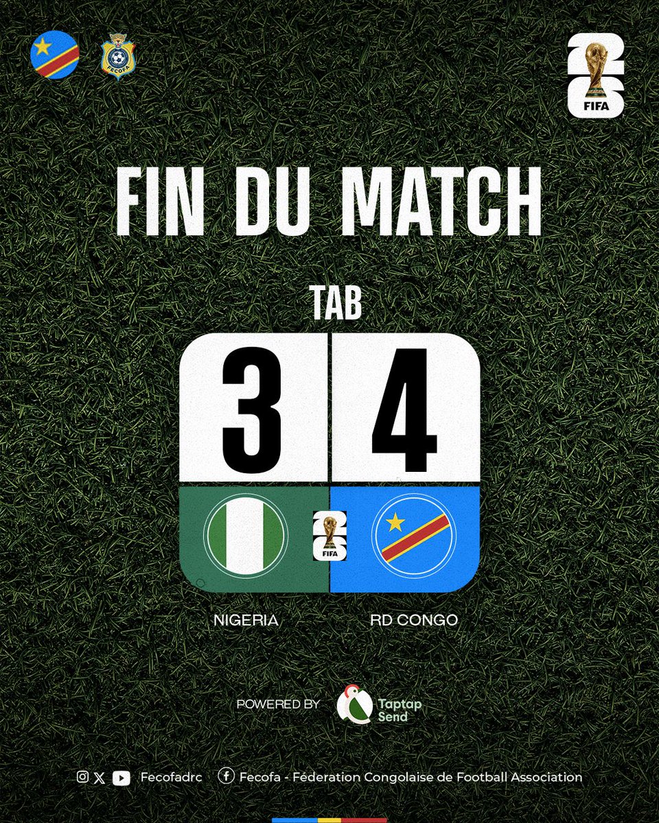 FecofaRdc's tweet image. 🎉 FIN DU MATCH – EXPLOIT DES LÉOPARDS ! 🇨🇩🔥

🇳🇬 Nigeria 3–4 RD Congo 🇨🇩
(Tirs au but)

Au terme d’un match intense, disputé jusqu’au bout du suspense, les Léopards s’imposent à l’issue de la séance de tirs au but ! 🧤⚽️

Une rencontre héroïque, un mental d’acier, et un peuple…