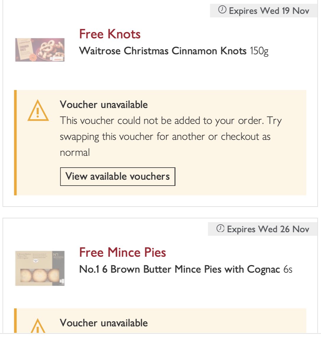 johnsandell's tweet photo. @waitrose Er, what’s the point of free vouchers that can’t be added to the order? https://t.co/n93n5eXsFs