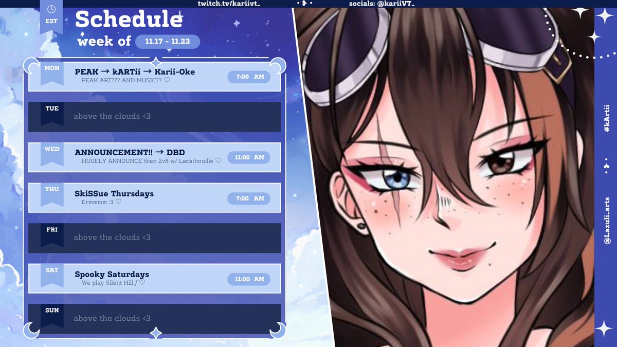kariiVT_'s tweet photo. ♡ Nov.17 - Nov.23 Schedule ♡
WE ARE BACK TO NORMAL!!!! WOOOOO
Except....
I HAVE A BIGLY HUGE ANNOUNCEMENT ON WEDNESDAY!! <3 (Discord will see it on Tuesday Night :3) I'm so excited to share it with you all!!!
⟣ Art & Music
⟣ DBD
⟣ Noita + SEKIRO
⟣ Silent Hill f
#kARTii #kariivt_
⤷ Link In Bio 🤍 ⤶