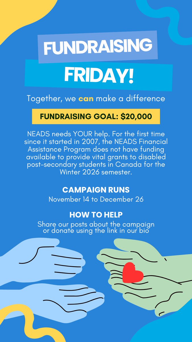 The National Educational Association of Disabled Students has a fundraising campaign for its Student Financial Assistance Program that has delivered $1.35 million in grants/awards to college and university students with disabilities. canadahelps.org/en/charities/n…
