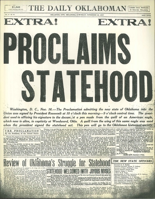 TRPresLibrary's tweet image. 🗓️ On This Day – November 16, 1907

President Theodore Roosevelt issued Proclamation 780, officially declaring Oklahoma the 46th state of the United States. 🌾🦅

Born out of the merging of Oklahoma Territory and Indian Territory, Oklahoma’s path to statehood was a complicated…