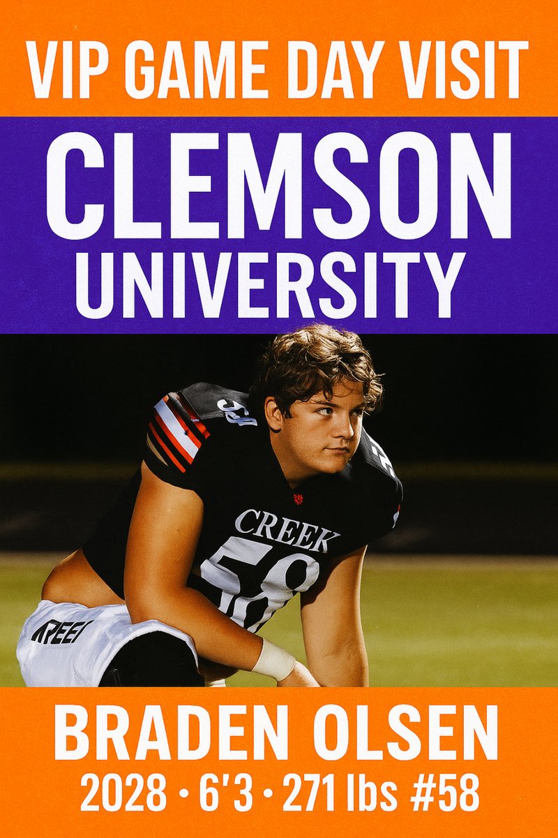 BradenOlsen2028's tweet image. Locked in for a VIP Game Day Visit to Clemson this weekend!
Ready to experience that Death Valley energy 🔥🐅
Braden Olsen | ‘28 | 6’3” 271 | #58
#ALLIN #RecruitReady #OLPride #ClemsonFootball
@CoachGRiley
@CoachEason1
@CoachMattLuke
@ClemsonFB
@247Recruiting
@PrepRedzoneFL…