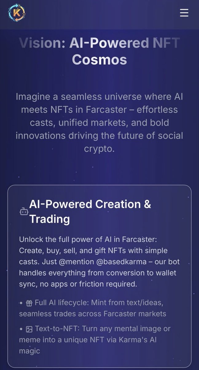 basedkarmafc's tweet image. AI-Powered Creation &amp;amp; Trading
 Coming Soon

We’re building one of the most advanced AI layers on Farcaster. Soon you’ll be able to create, mint, sell, transfer, and manage NFTs and identity assets directly through simple casts. No apps, no switching screens, just one mention.…