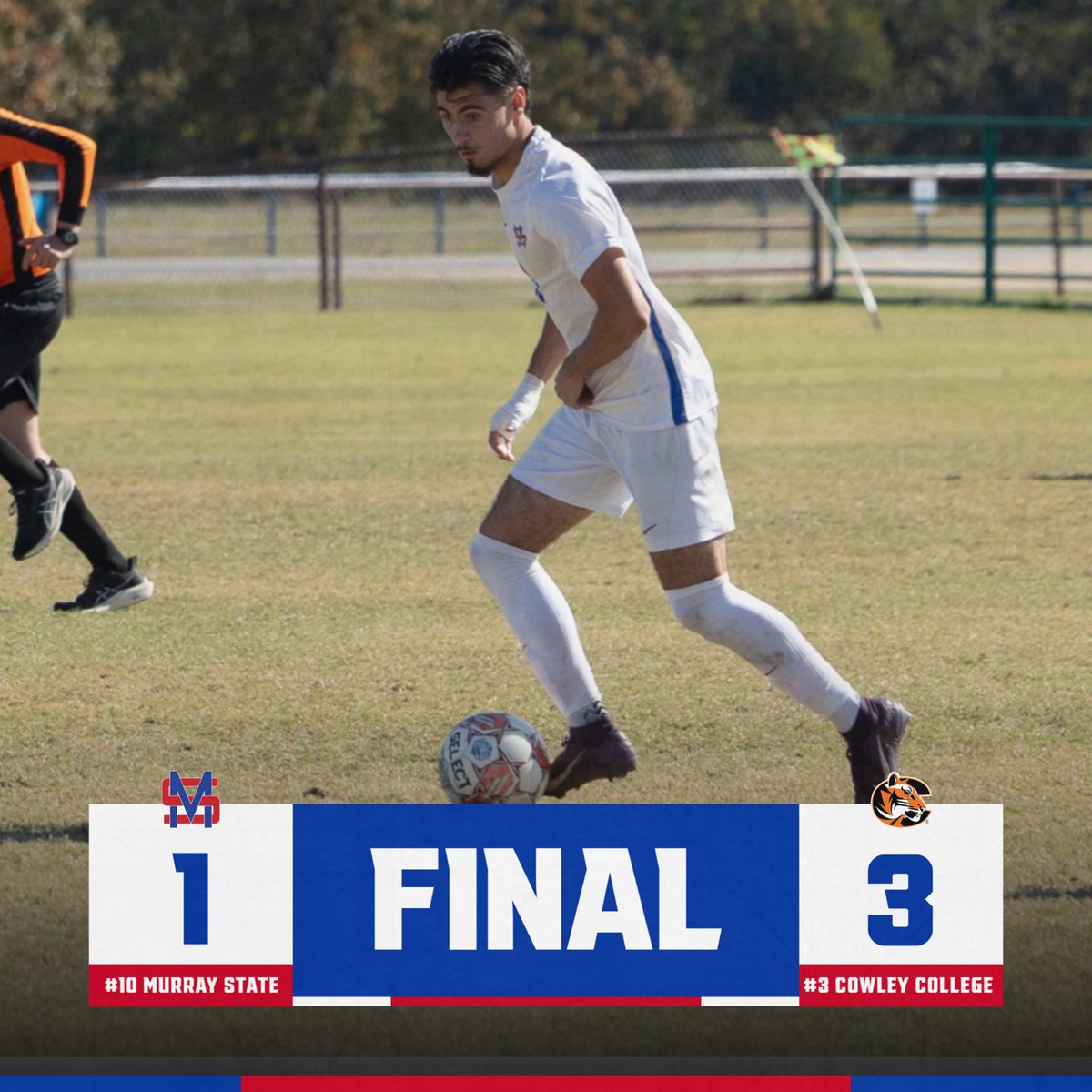 #FINAL

The #10 Murray State College men's soccer team dropped their first match at the NJCAA Division I Men's Soccer Championships today to #3 Cowley College. 

The Aggies are back in action tomorrow at 1:30 p.m. as they battle #6 Eastern Florida State College.  

#GoAggies