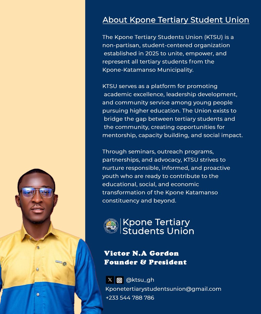 ktsu_gh's tweet photo. A new and powerful journey has begun! 
KTSU stands to uplift, connect, and empower every tertiary student from Kpone. Through education, leadership, and service, we’re shaping the next generation of change-makers.
Together, we rise. Together, we make an impact. https://t.co/Ha079Wq6RF