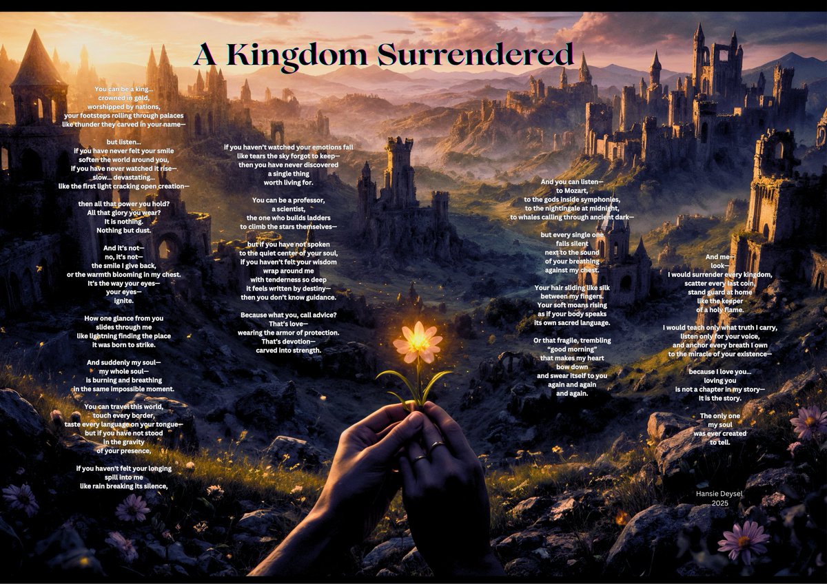 A Kingdom Surrendered

This poem passionately declares the absolute supremacy of romantic love over all worldly achievements.

18.5 Tez

10 editions

objkt.com/tokens/KT1UeeT…