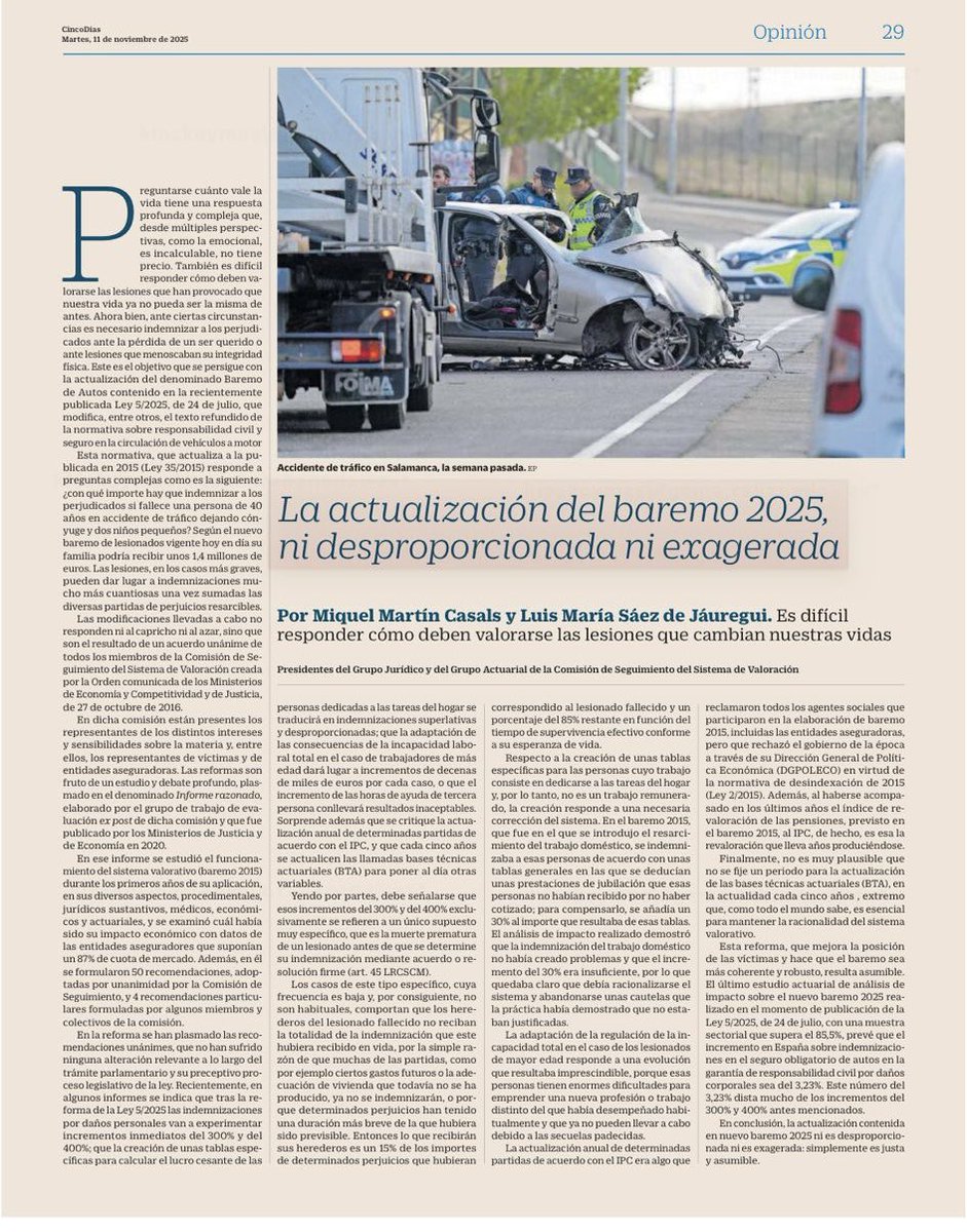 📣 #Artículo (2025): «La actualización del baremo de automóviles, ni desproporcionada ni exagerada». <a href="/CincoDiascom/">CincoDiascom</a>. Martes, 11 de noviembre de 2025 | Año XLVII | Número 13.845. Pág. 29.
🌐
Léelo aquí:
cincodias.elpais.com/opinion/2025-1…