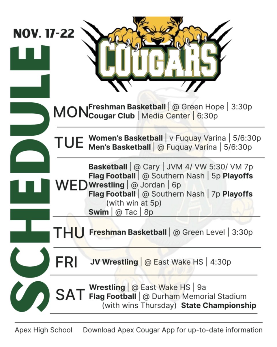 🏀❄️ Winter sports tip off THIS WEEK while our Flag Football team keeps the playoff dream alive! Let's go Cougars! 🐾 
<a href="/ApexHighSchool/">Apex High School</a> <a href="/apexhsathletics/">Apex Athletics</a> <a href="/CougarsBBallAHS/">CougarsBBallAHS</a> <a href="/ApexWomensBball/">Apex High Womens Basketball</a> <a href="/ApexHScheer/">Apex Cheer</a> <a href="/apexswimdive/">Apex High Swim/Dive</a> <a href="/apextrackxc/">Apex Track & XC</a> <a href="/ahswrestling/">Apex High Wrestling</a>