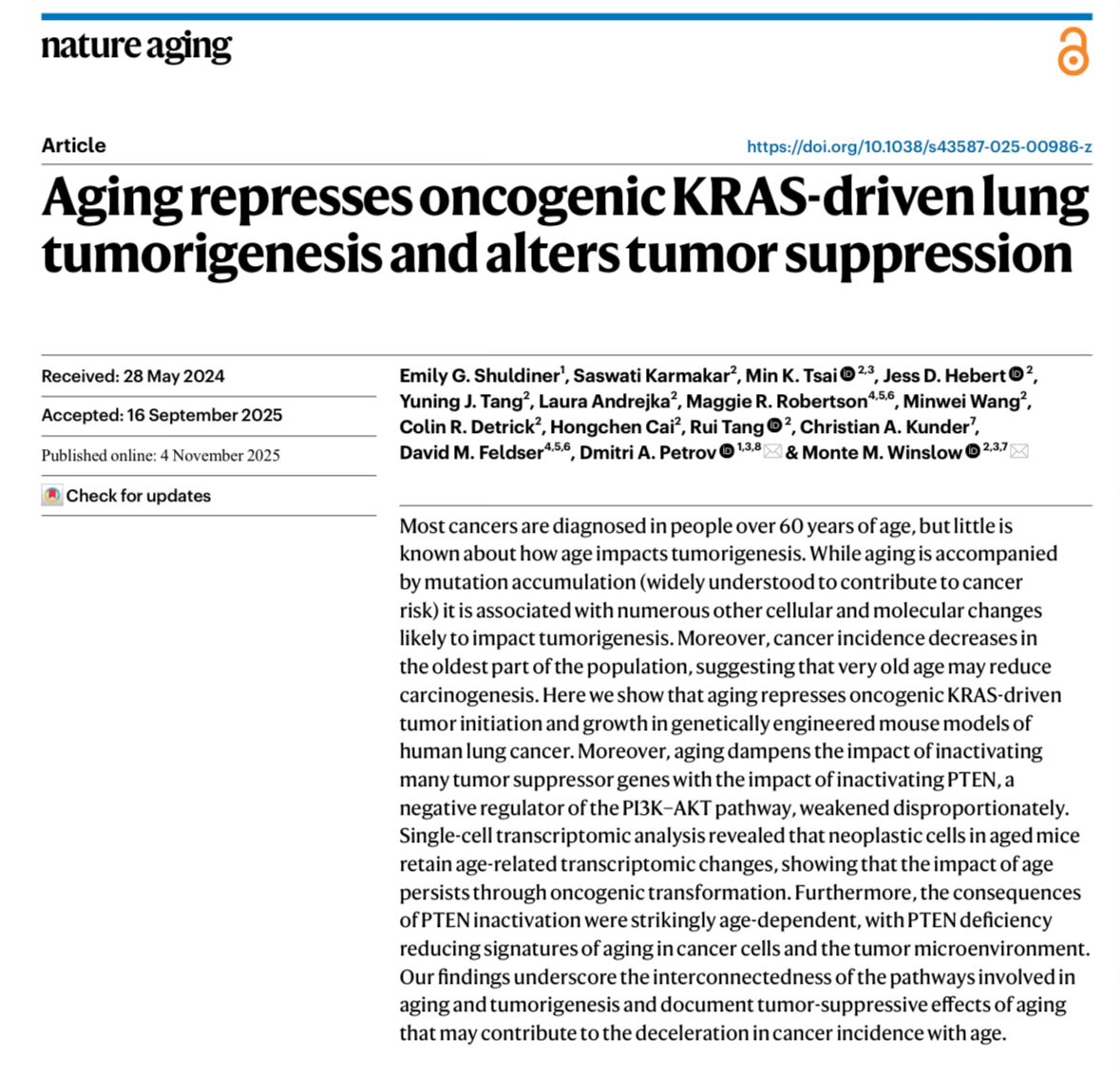 Two fantastic stories published ~a year apart with striking confluence in findings - while age is the single most important risk factor for cancer, aging can also limit the ability of cells to undergo neoplastic transformation. 
nature.com/articles/s4158…
nature.com/articles/s4358…