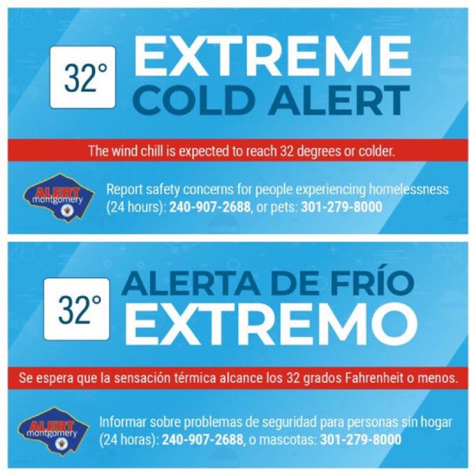 Montgomery County has activated an Extreme Cold Alert for Sun., 11/16 at 11pm until Mon., 11/17 at 10am. Expect the wind chill below 32 degrees F. Wear layers if you go outside. Take precautions if you spend significant time outdoors. More info: bit.ly/2JmQ3C