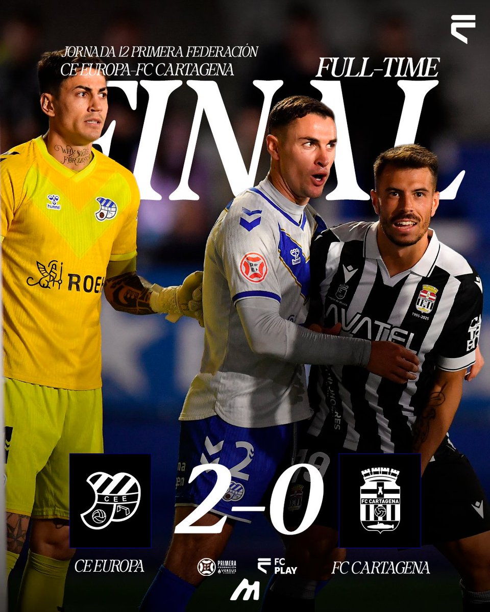 🏁 𝗙𝗜𝗡𝗔𝗟 | #CEEuropaCartagena 

✅ ¡El <a href="/CEEuropa/">Club Esportiu Europa</a> gana en el duelo directo ante el Cartagena y se vuelve a colocar segundo!  

#PrimeraFederación