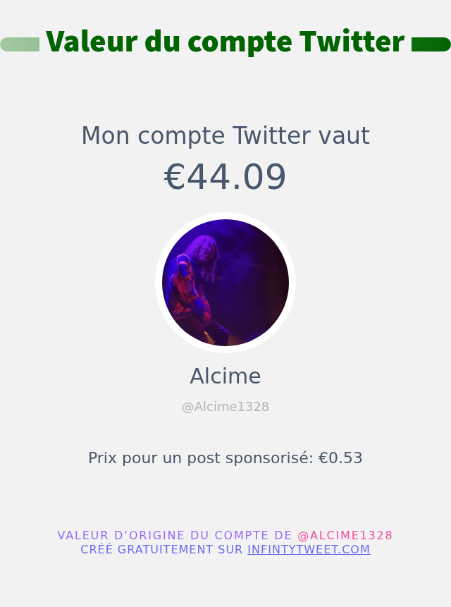 Alcime1328's tweet photo. Mon twitter vaut: €44.09

➡️ https://t.co/Q1H4OUFueq https://t.co/ksO01miGuF