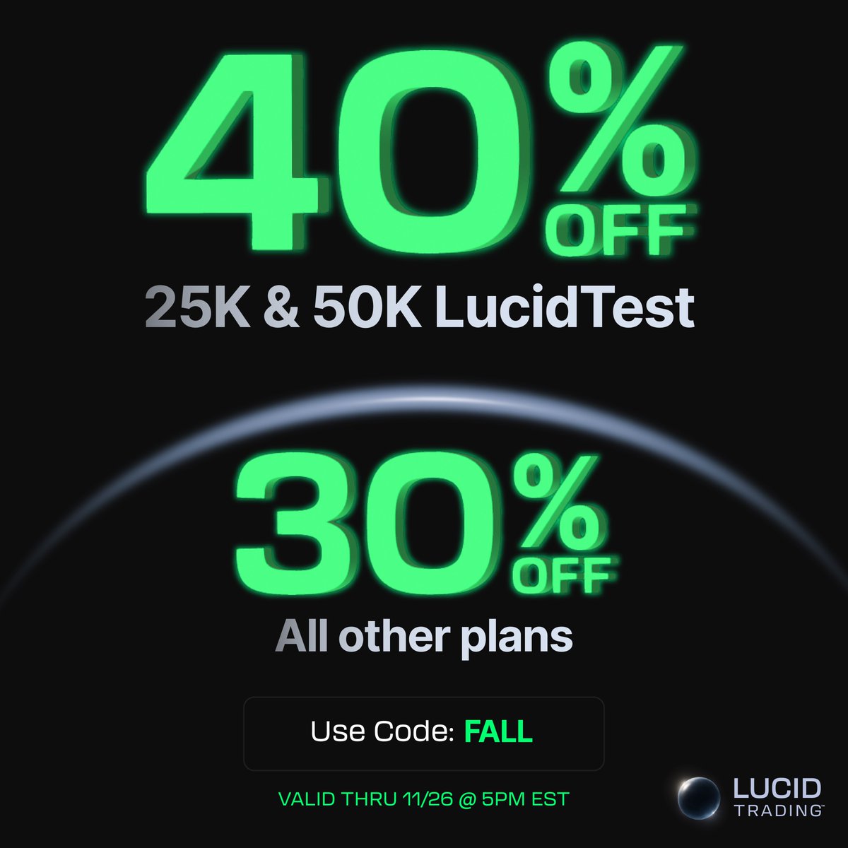 TradingLucid's tweet image. It’s been an interesting few days. 

But we remain focused on what matters most: discounts. 

🔥40% off 25K and 50K LucidTest
🔥30% off resets and all other plans


Use code FALL at checkout until 11/26 at 5PM EST.