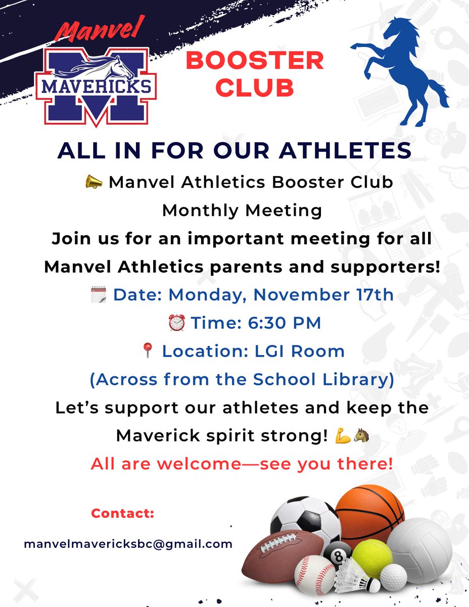 📣 Join us for our Monthly Athletics Booster Club Meeting! Let’s keep building support for our student-athletes. 🏅🙌

🗓️ 11/17/25 ⏰ 6:30P
#BoosterClub #ManvelMavericks #ForOurAthletes #HokaHey