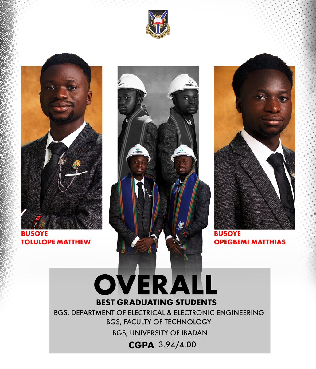 ibadanuni's tweet image. Congratulations to the joint best graduating students from the university of Ibadan: @busoyeom and @thew0205.

Your dedication, brilliance, and hard work have earned you this remarkable achievement. We are Super proud of you. Keep Shining ❤️✨
