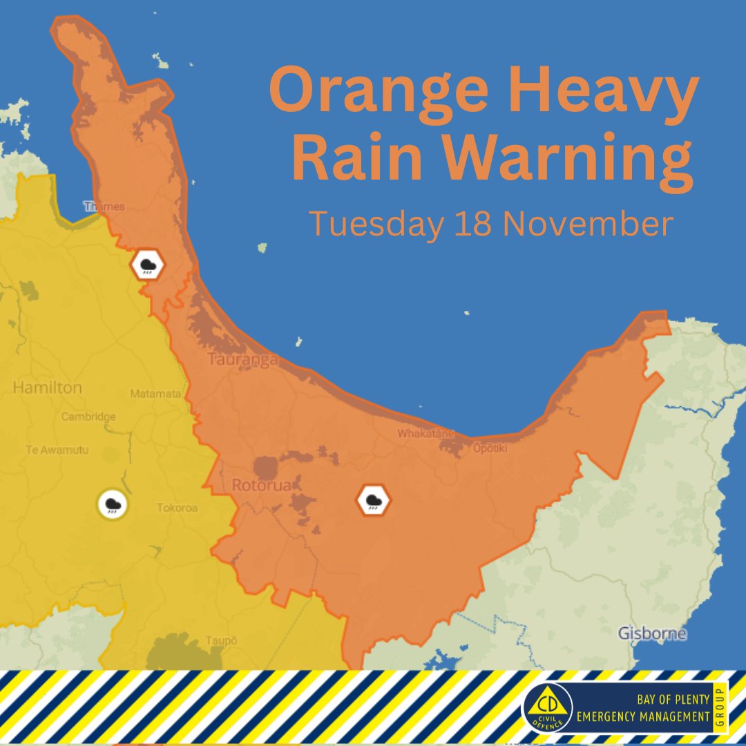 A heavy orange rain warning has been put in place by <a href="/MetService/">MetService NZ</a> for the Bay of Plenty region, for a period of 21hrs from 8pm Tue, 18 Nov - 5pm Wed, 19 Nov. More info here: metservice.com/warnings/home
