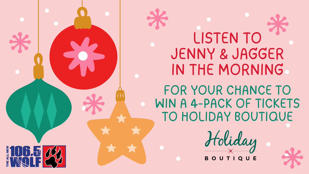 🎉 WIN with 106.5 The Wolf! 🎉
Listen to Jenny &amp; Jagger Nov 17 @ 6AM through Nov 21 @ 10AM for your chance to snag a Family 4-Pack of tickets to the Kansas City Holiday Boutique! ✨

Be the correct caller at (913) 933-1065!

audacy.com/_pages/cmi0hel…