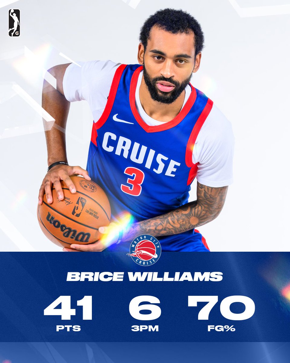 nbagleague's tweet image. 41 PTS 🔥 14/20 FG 🔥 6/9 3PT

He’s no ordinary rookie! Brice Williams ERUPTED for a 40-piece in just his third professional game with the @motorcitycruise.