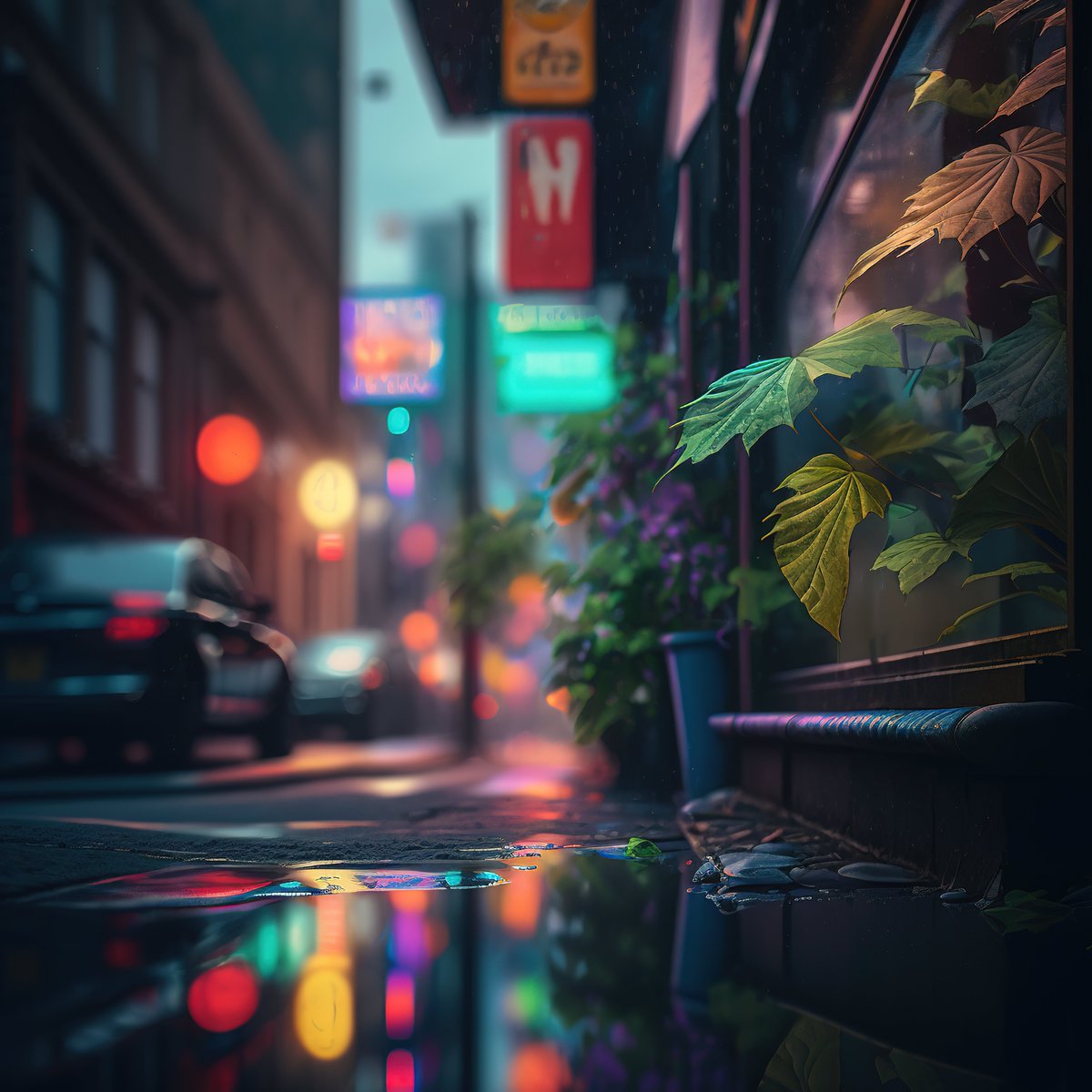 NoBanksNearby's tweet image. 6:44 PM. Rain-slicked streets reflect neon glow, a symphony of deep blues and vibrant reds. Amidst the urban hum, lush green leaves catch the light, a moment of quiet beauty. Embrace this pause; it&apos;s a reminder to find your calm in the city&apos;s pulse.

#CryptoArt #CreativeCode…