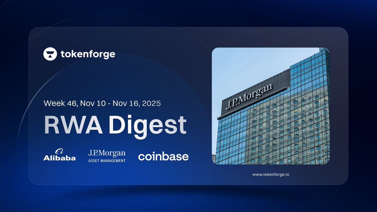 tokenforge's tweet image. RWA Digest Week 46

This Week in RWA &amp;amp; Regulated Digital Finance, the key developments you shouldn’t miss:

1. Alibaba adopts JPMorgan’s tokenized deposit rails for USD/EUR payments

Cross-border B2B payments will now route through JPMorgan’s blockchain-based deposit tokens…