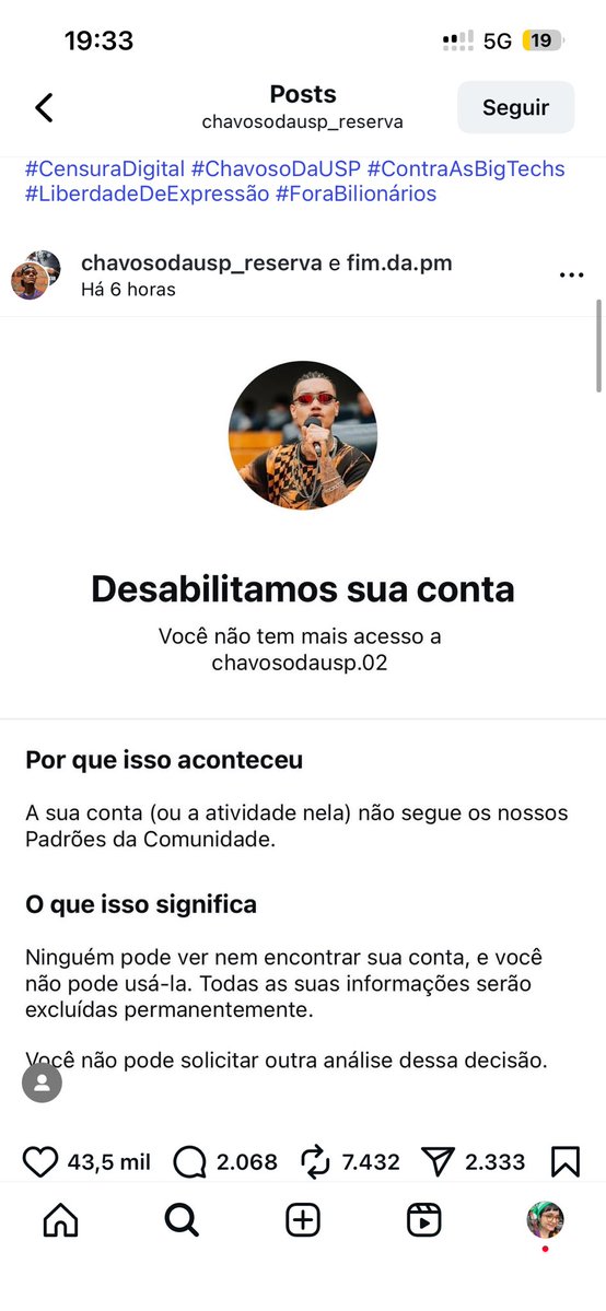 samiabomfim's tweet image. É escandaloso o que está acontecendo! Sem qualquer justificativa, a Meta derrubou o acesso da conta principal do @chavosodausp, com mais de 1 milhão de seguidores. Um ataque direto à liberdade de expressão e ao trabalho de quem denuncia injustiças no Brasil.