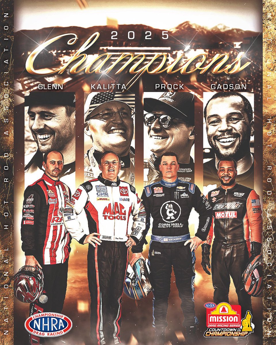 Congratulations to the 2025 NHRA <a href="/MissionFoodsUS/">Mission Foods 🌮</a> Series World Champions! 

<a href="/DallasGlenn660/">Dallas Glenn</a> • <a href="/Doug_Kalitta/">Doug Kalitta</a> • <a href="/ProckRocket_TF/">Austin Prock</a> • Richard Gadson